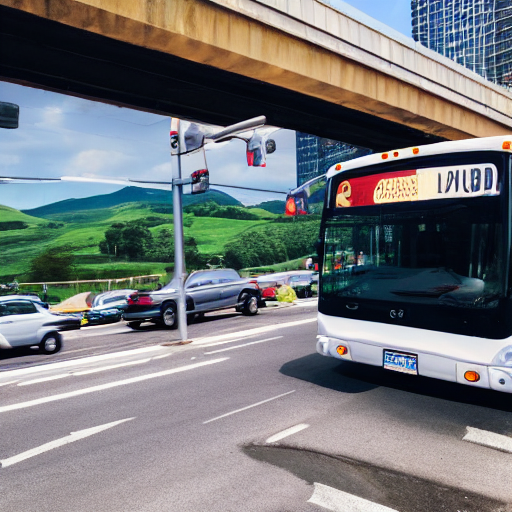 225_a bus with a view of a lot of traffic and the back of another bus with a billboard on the back end.png